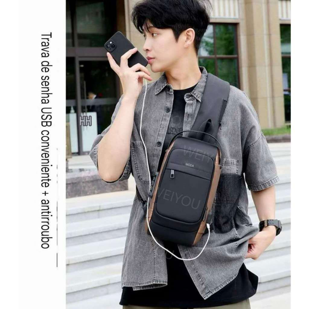 Mochila compacta de ombro transversal unilateral com trava de senha USB e à prova d'água