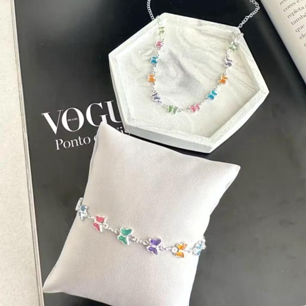 kit colar+pulseira borboletas coloridas folheado a prata 925