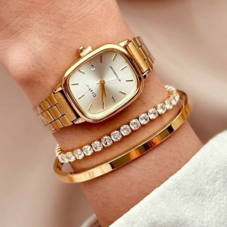 3 Peças Conjunto Relógio Feminino Bracelete Pulseira Aço Inoxidável Dourado Resistente aÁgua relogio