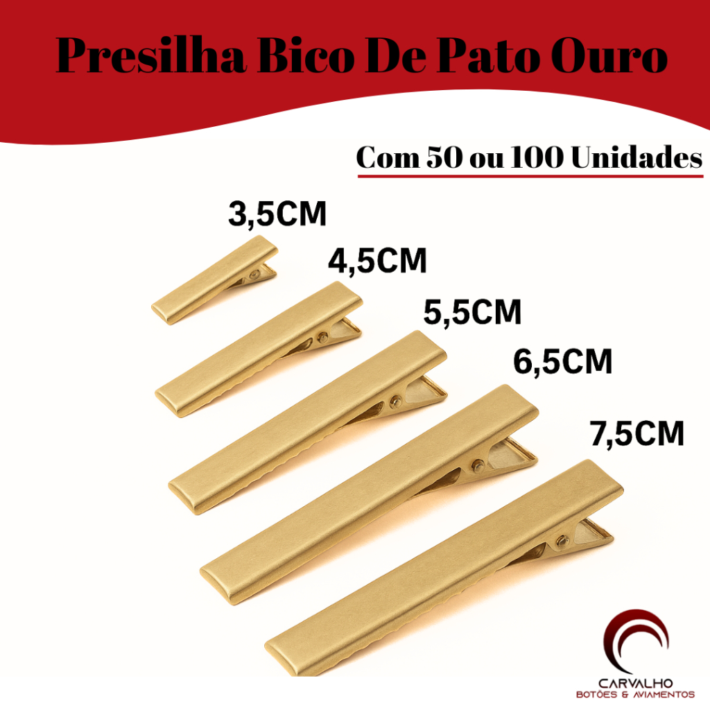 Bico De Pato 50 ou 100 Unidades Com Dentinho Presilha Jacare Sanding Ouro 3.0cm | 4.0cm | 4.5cm | 5.5cm | 6.5cm | 7.5 cm