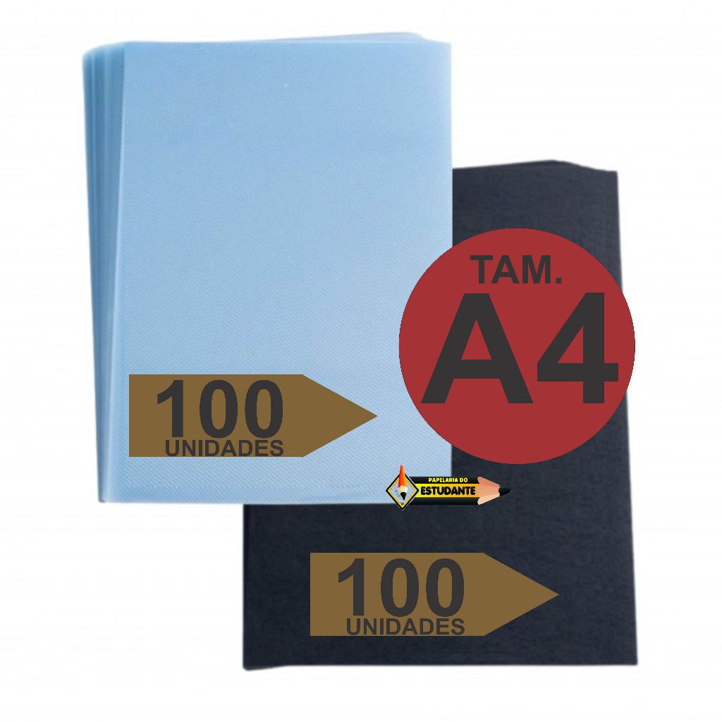 KIT, CAPA ENCADERNAÇÃO A4, 100 UN TRANSPARENTE LINE E 100 UN PRETA COURO
