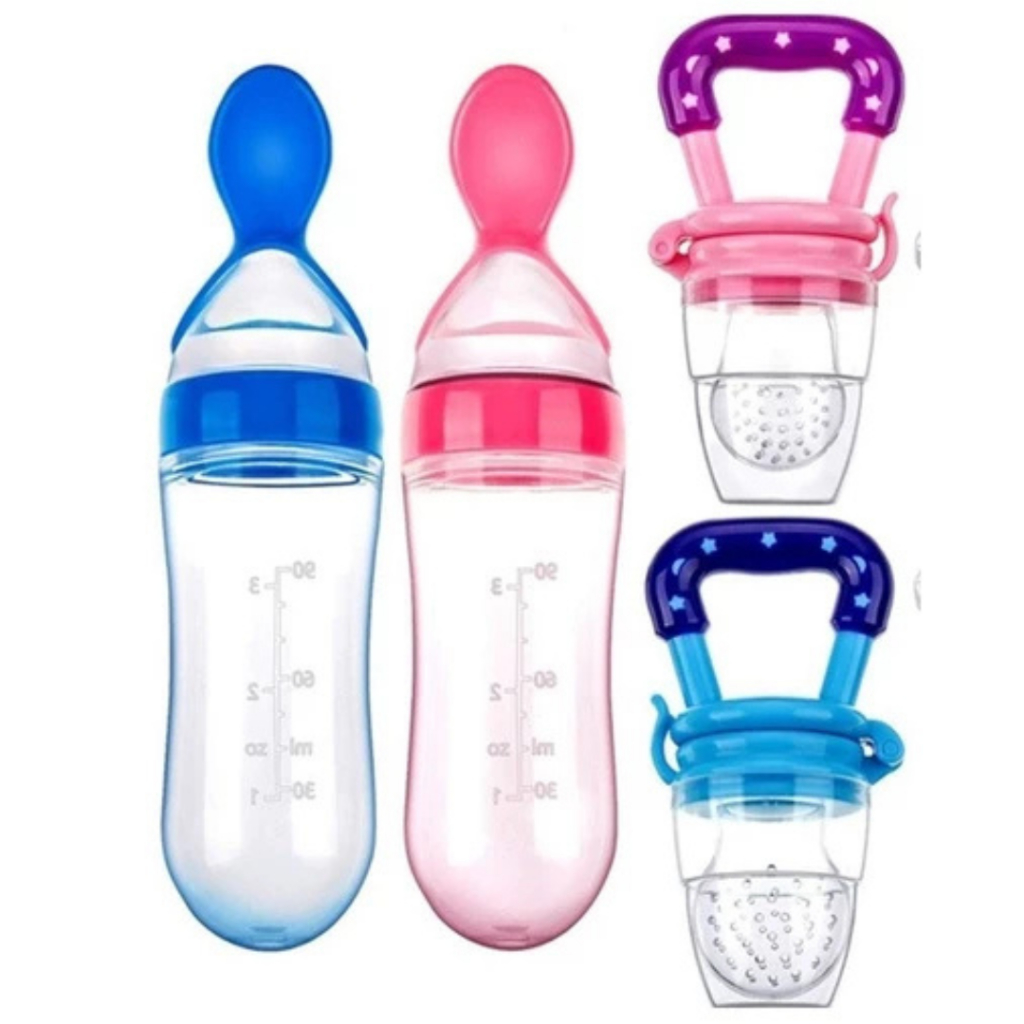 Alimentação Infantil Chupeta Mordedor Porta Frutas e Mamadeira de Silicone com Colher Dosadora