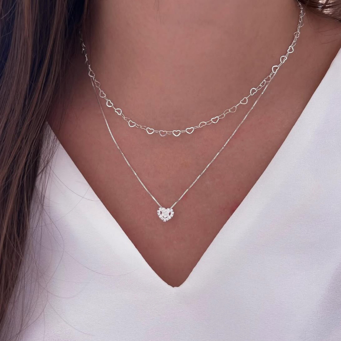 KIT 2 Colar a Prata 925 Choker coração amor + Colar Com coração Ponto De Luz Banhadas a ouro 18k