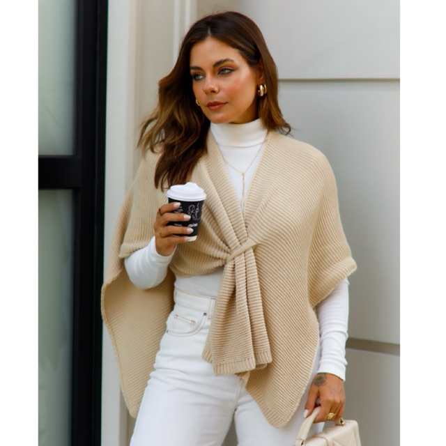 Xale Capa Poncho Blusa Feminina Trico Manga Longa Inverno