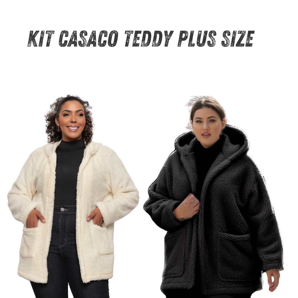 2 Casaco Teddy Feminino Longo Branco Preto Inverno Bear Pelúcia Jaqueta Ted Com Forro Blusa de Frio Lançamento Promoção