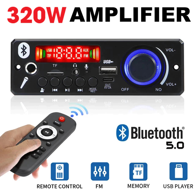 Super Potente Placa Amplificada MP3 Bluetooth 5.0 320W/240W Amplificador Áudio FM, TF, USB Microfone