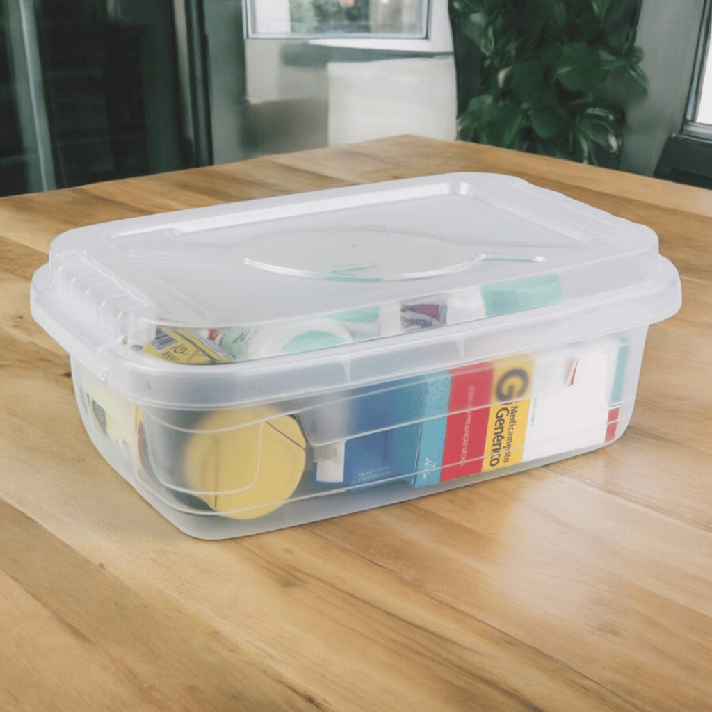 ​Kit Caixa Organizadora Plástica 5L Transparente Multiuso Tampa Trava Empilhável Resistente Compacta