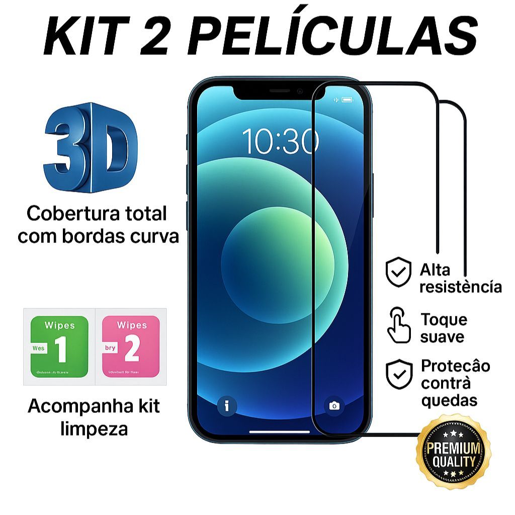 Kit 2 Pelicula de Vidro Temperado 3D Película Iphone XR 11 12 13 14 15 16e 17 Air Pro Max Plus