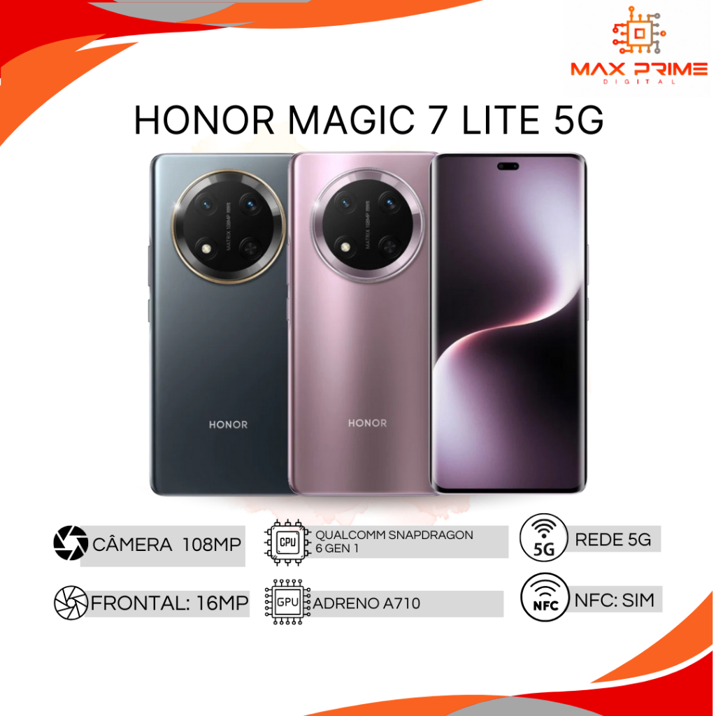 Honor Magic 7 Lite 5G 512GB, 12GB RAM, Câmera 108MP,  Processador Snapdragon 6 Gen 1,Bateria 6600mAh, Versão Global