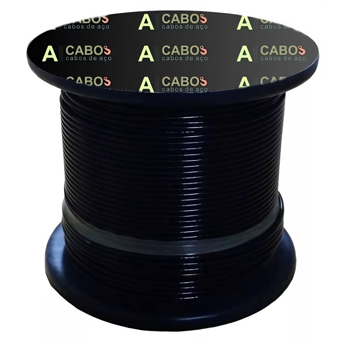 Rolo 100m de Cabo de Aço 4,8mm com Capa PVC Preto – Modelo 1/8  6x7 para Polias e Academias