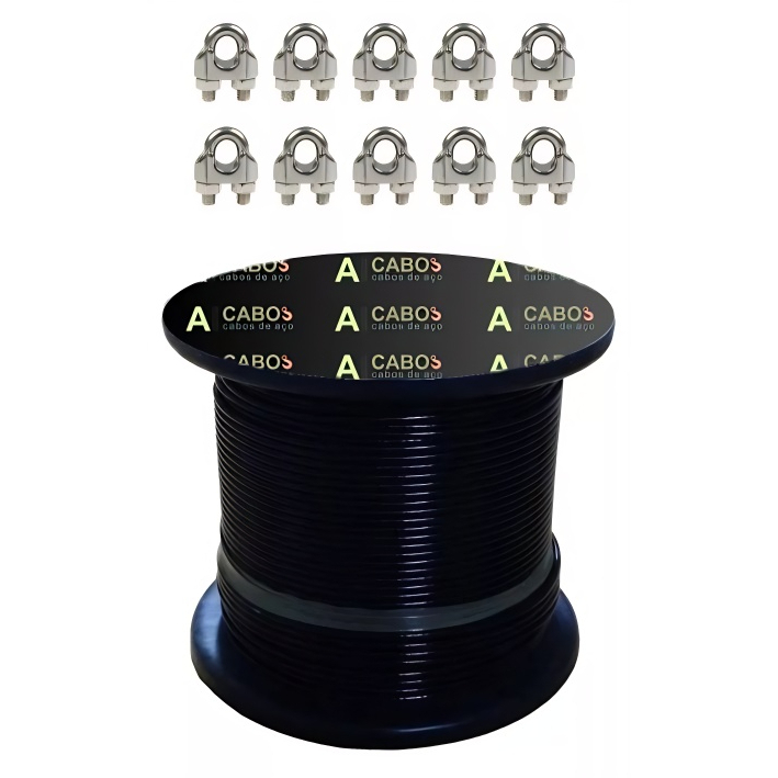 50m Cabo Aço Academia Revestido Preto 1/8 6x7 + 10 Grampos 5mm