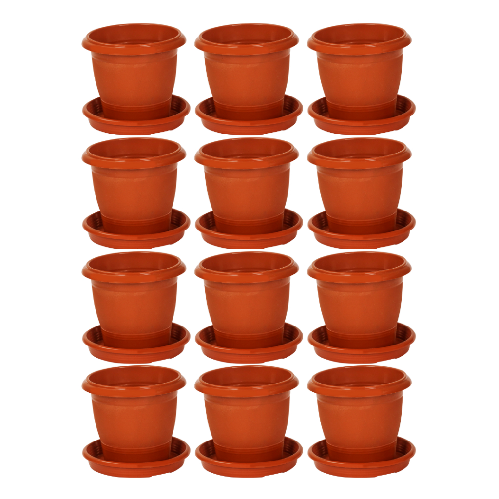 Vaso Com Pratinho 700ml  Redondo Marrom e Preto Para plantas e Flores Resistente Com Prato Suporte