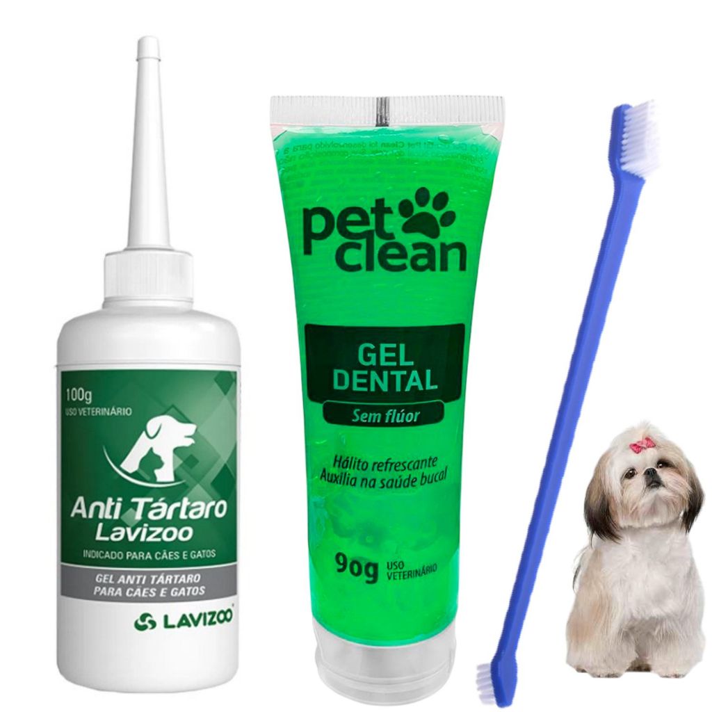 Kit Removedor De Tártaro Cachorro Gel P/ Cães Pasta De Dente E Escova Cabo Longo Dupla