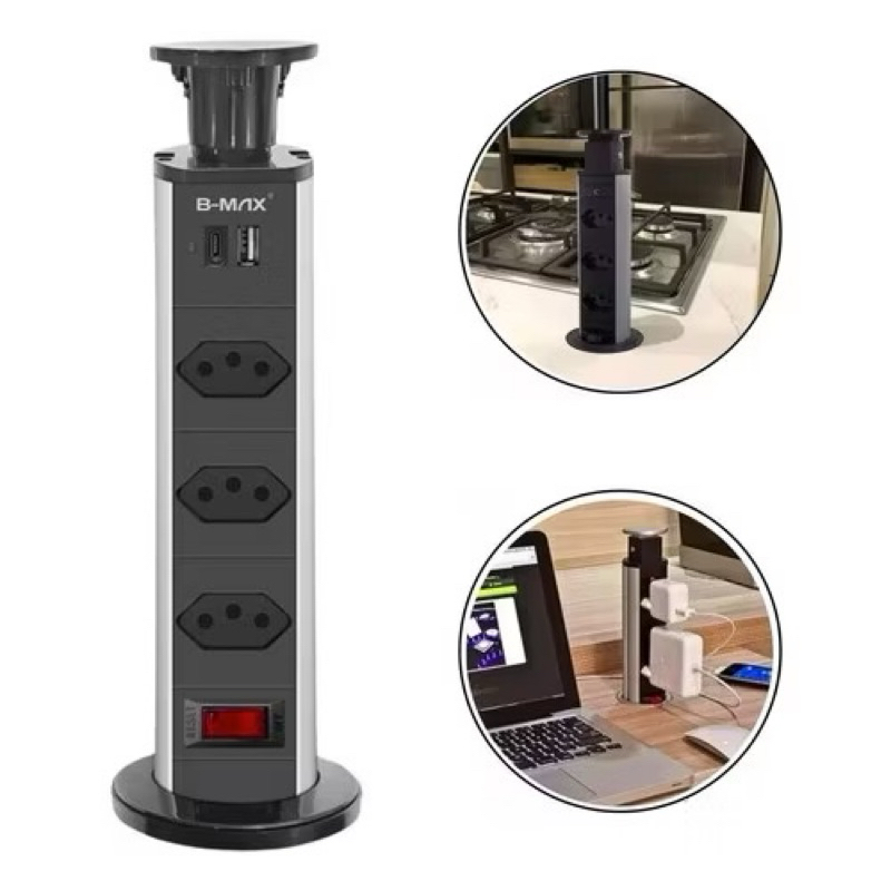 Torre Tomada Retrátil 3 Entradas + Usb Tipo C Embutir Deslizante Bivolt  Multiplug Mesa-envio rápido
