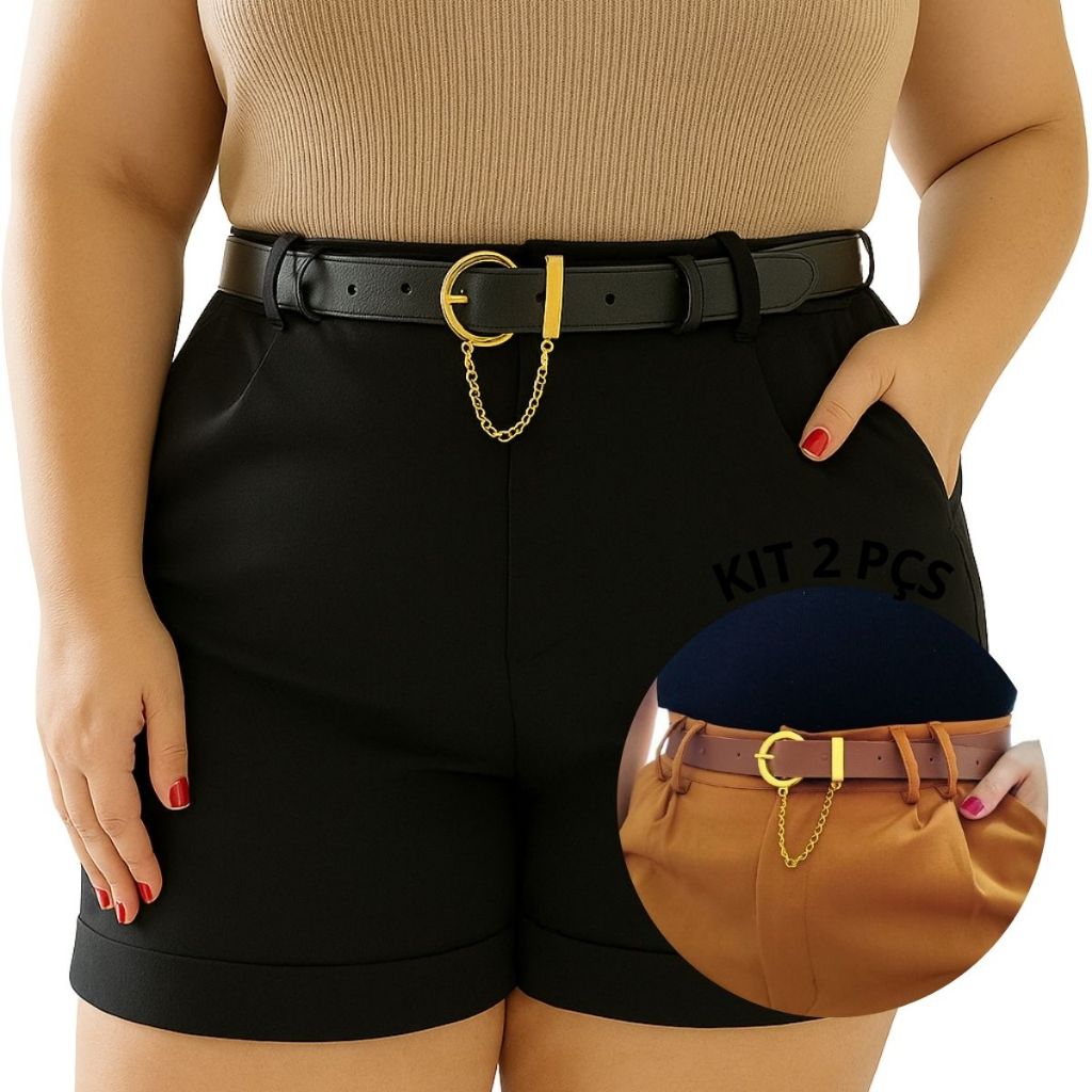 Kit 2 Cintos Femininos Plus Size Veste 44 ao 54 Comprido 135cm Grande Fivela Dourada Corrente Redonda Social