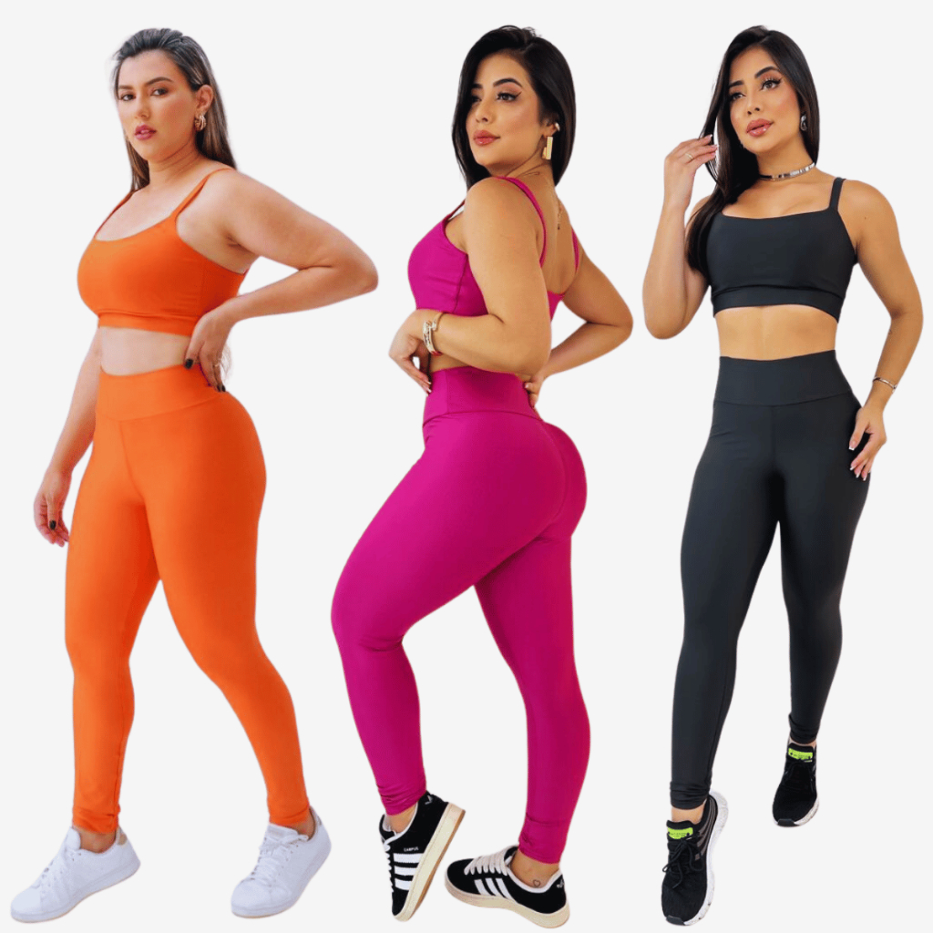 Conjunto Academia Top Alça Reta + Calça Legging Básica Várias Cores Zero Transparência Premium
