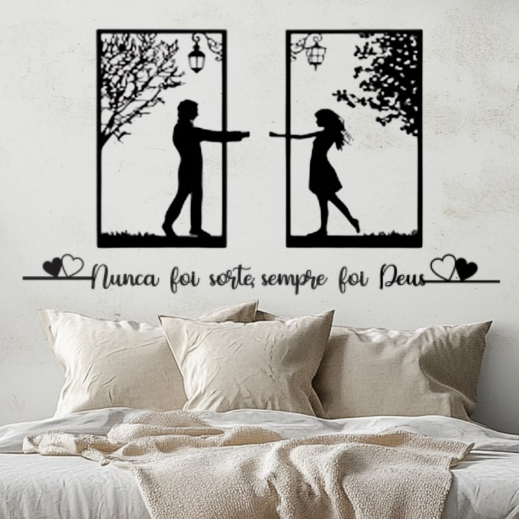 Painel casal + frase Nunca foi sorte sempre foi Deus + corações - mdf 3mm preto