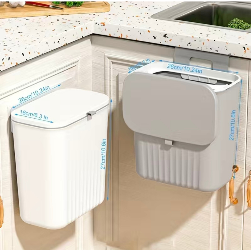 Lixeira Suspensa 9 Litros Com Tampa E Suporte Alto De Adesivos E Alça Para Cozinha E Banheiro