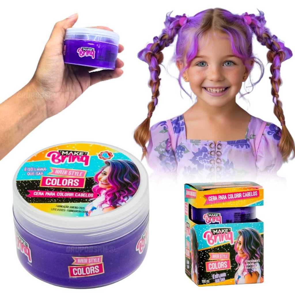 Tinta Gel Cera Lavável Cabelo Infantil Rosa Roxo Presente Natal Dia Das Crianças Menina 4 5 6 Anos