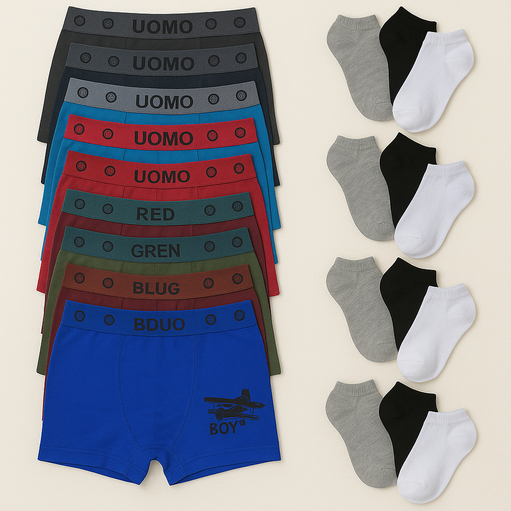 Kit 12 cuecas infantil microfibra + 12 pares de meia infantil