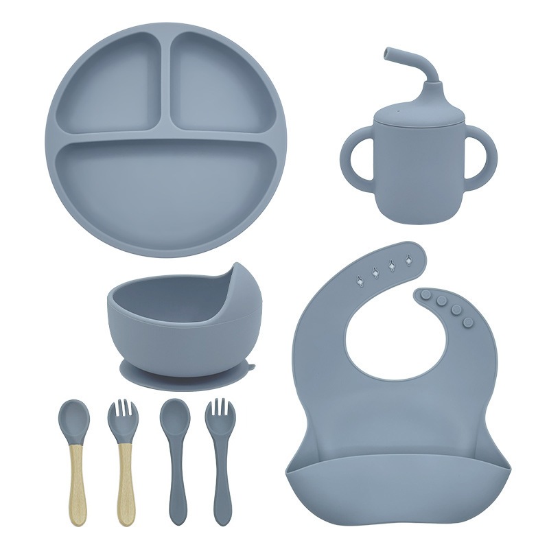 Kit Talheres bebê silicone 4/6/8 Peças Talheres Infantil Com Ventosa Canudo Colher Babador Garfo