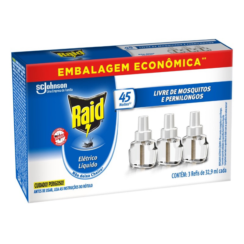 Repelente Elétrico Líquido Raid 45 Noites Refil 3un 32,9ml