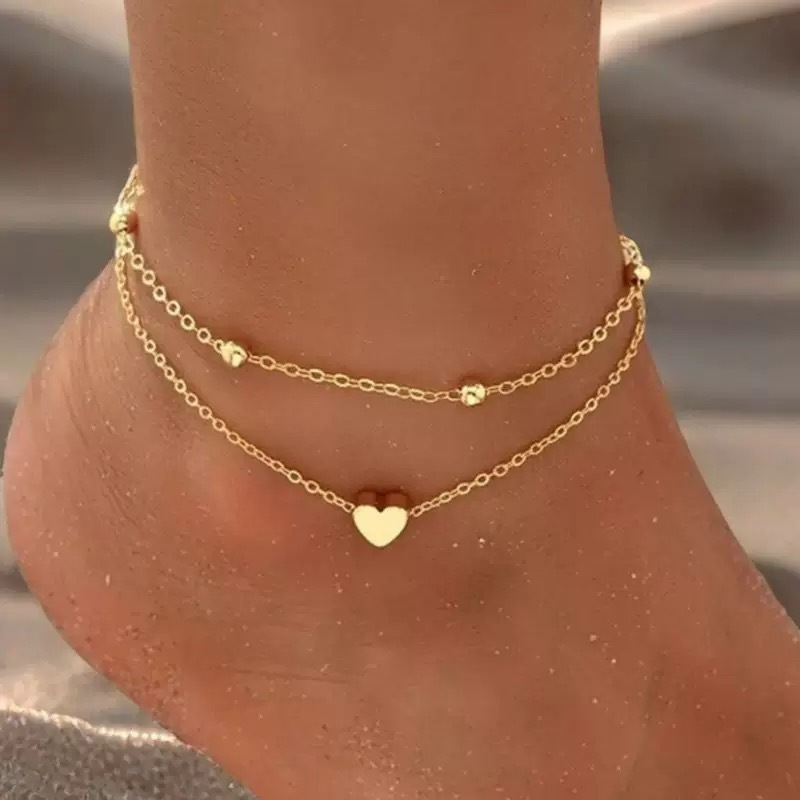 kit 2 Tornozeleira Feminina  Coração e bolinha Delicado banhado a prata 925 ou ouro18k