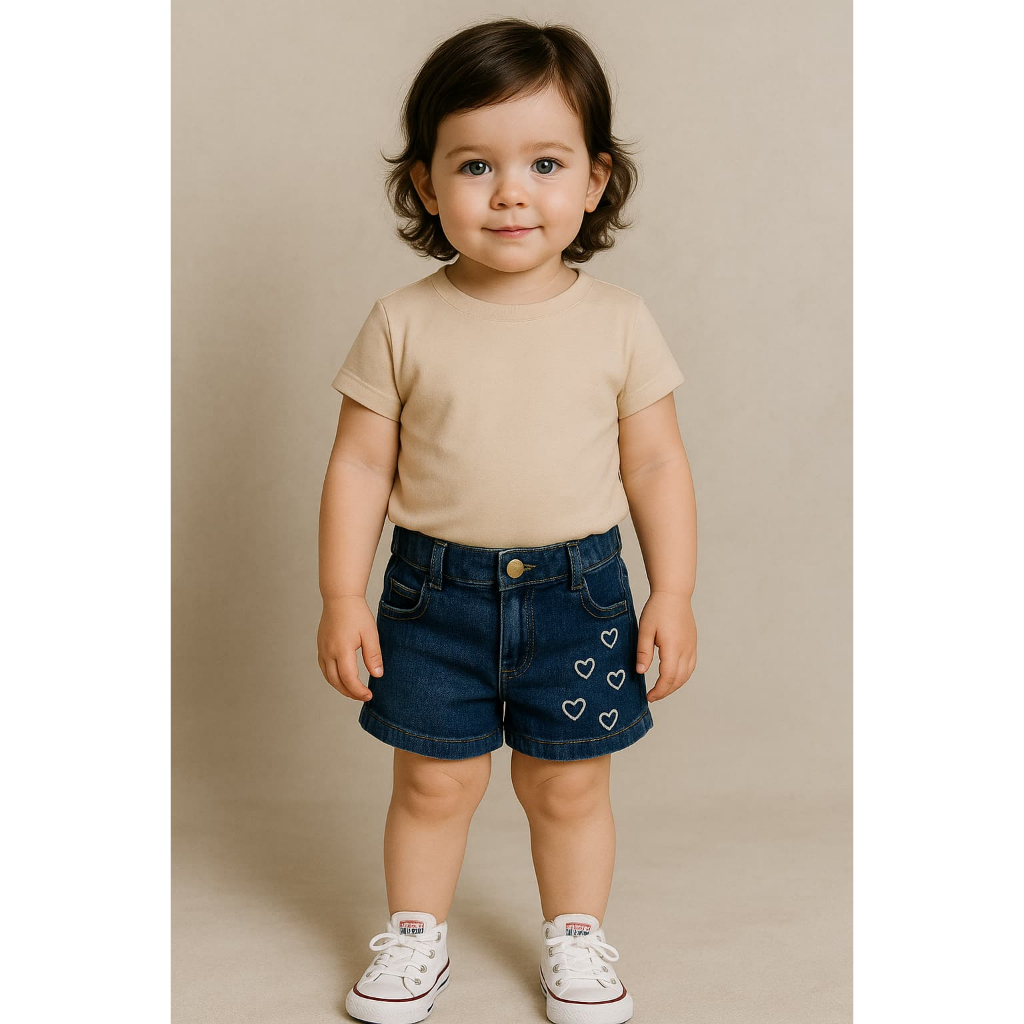 SHORT JEANS INFANTIL DE BEBÊ MENINA CRIANÇA CASUAL COM BORDADO TAMANHO 01 AO 03 ANOS