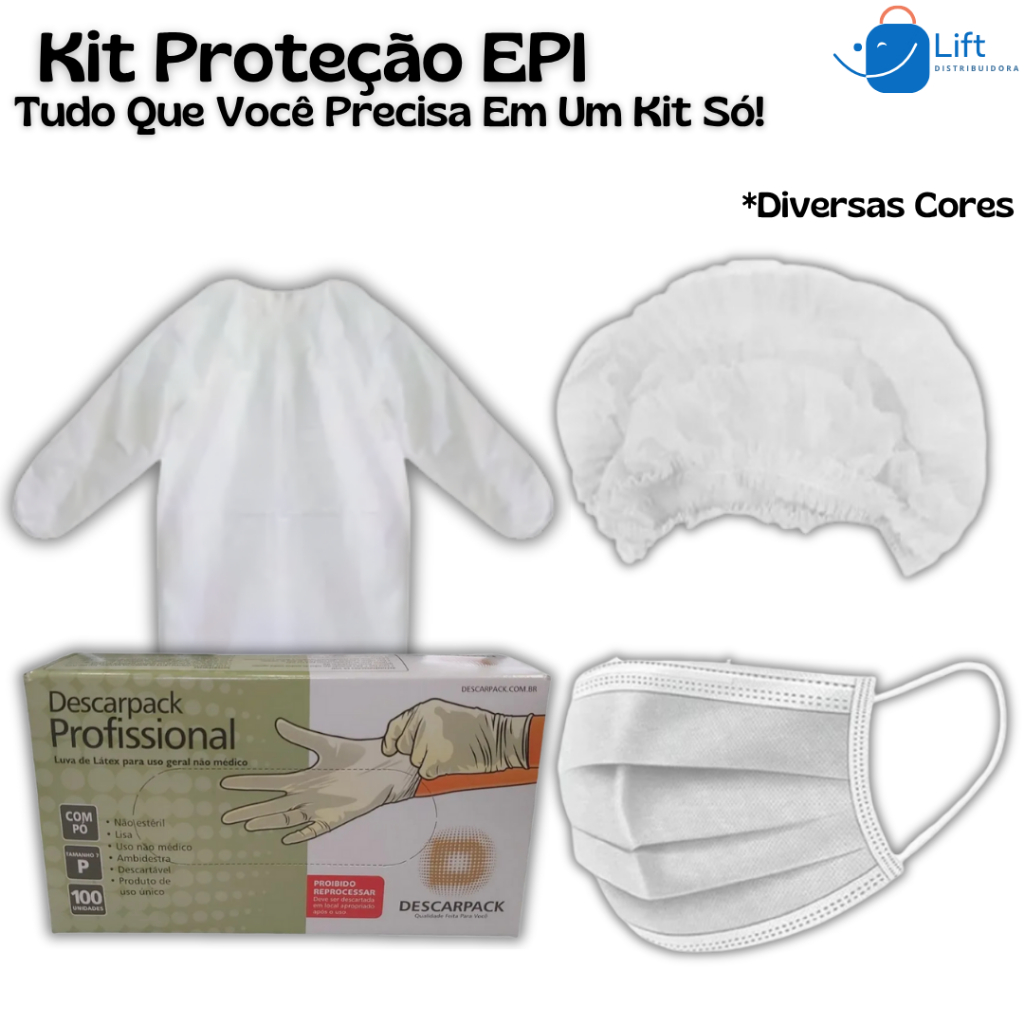 Kit EPI Descartável – 10 Aventais G20 + 50 Máscaras TNT + 100 Toucas + 100 Luvas Látex Com Pó