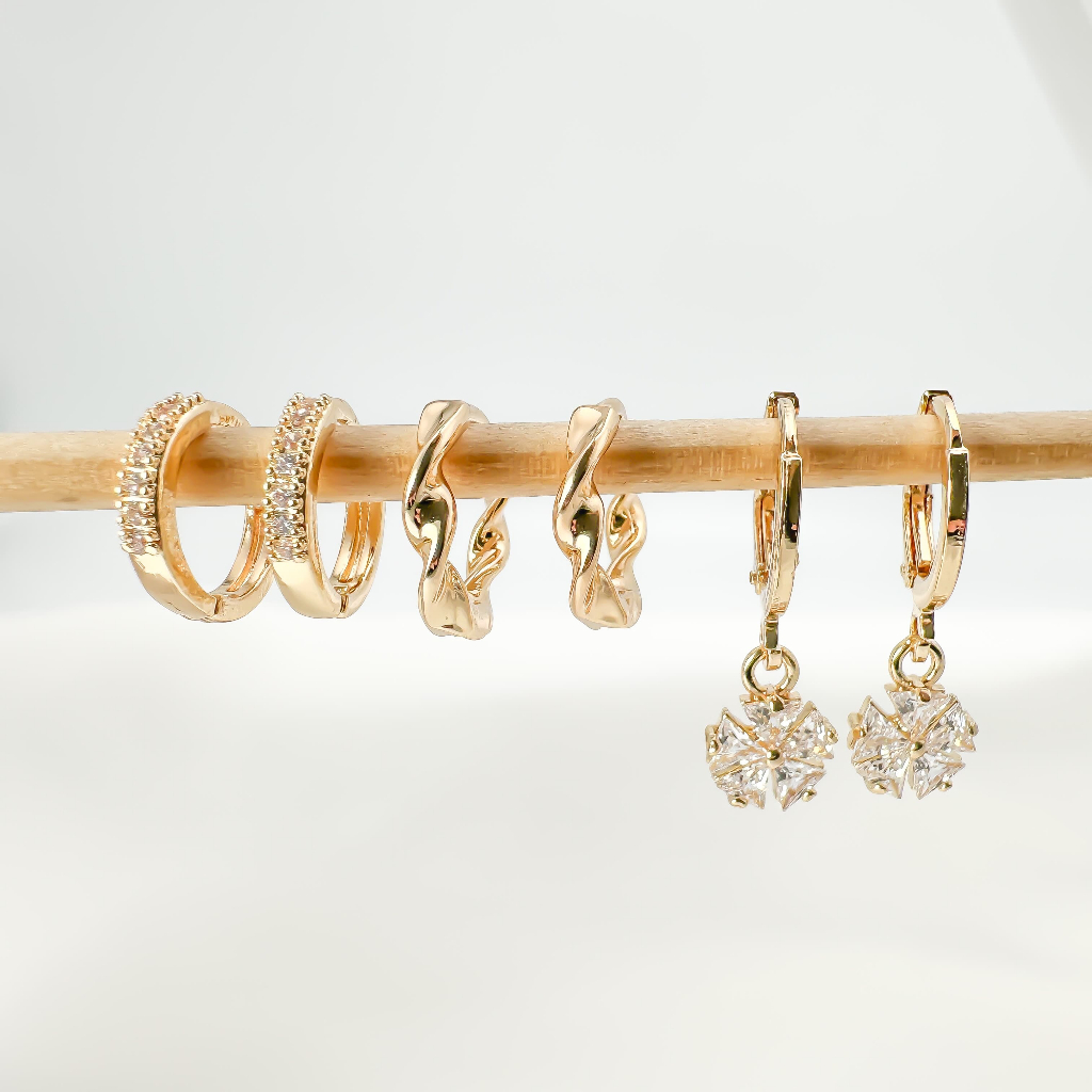Brincos Conjunto kit 3 pares feminina e banhada ouro 18k e parata 925