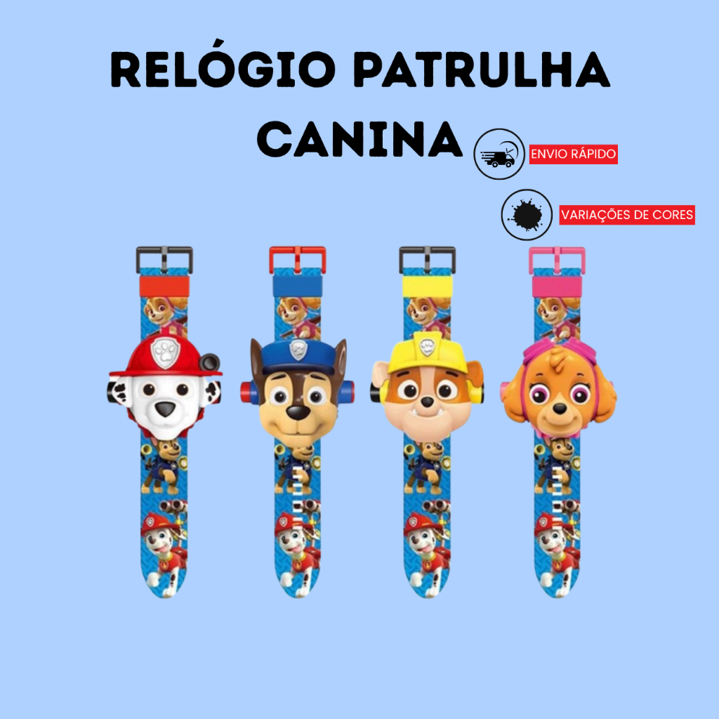 Relógio Infantil Projetor Patrulha Canina 24 Imagens Digital Marshall Skye Chase Rubble
