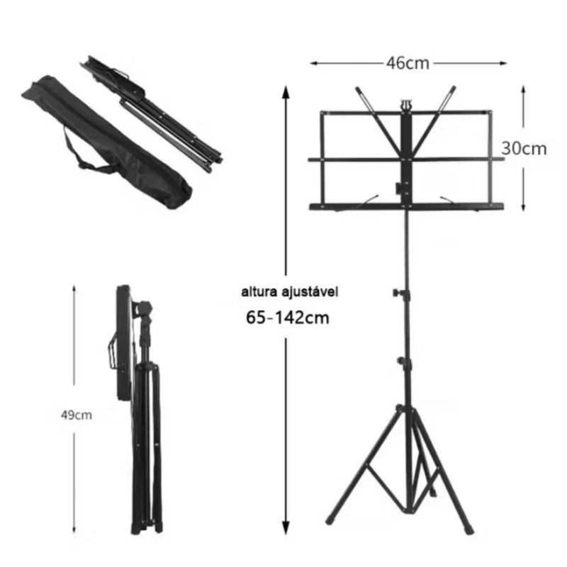 Estante Partitura Pedestal Musical Dobrável Tripé Apoiador