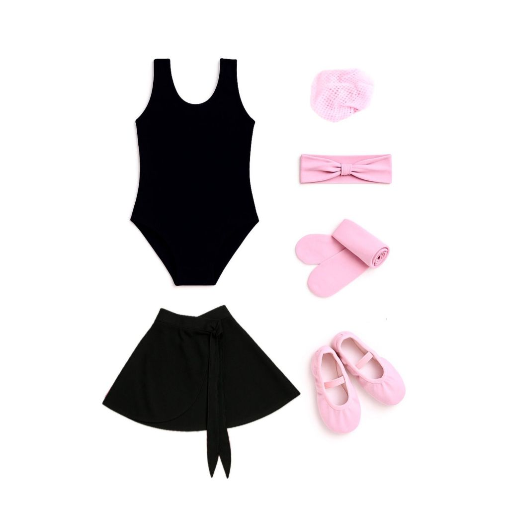 Kit Ballet Infantil 6 Itens (Collant/Saia Preto e Acessórios Rosa) - Completo - Saia Transpassada