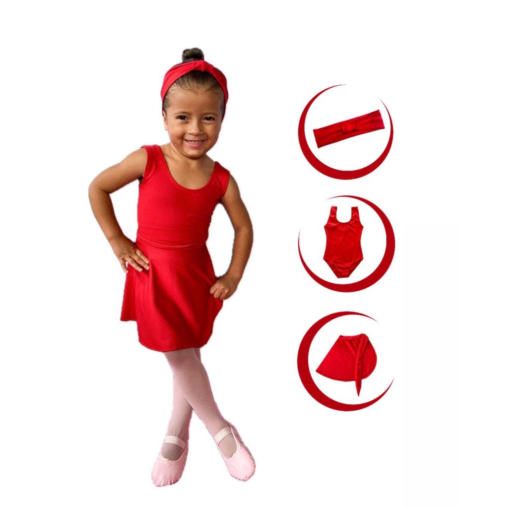 Kit Ballet 3 Itens / Faixinha + Collant REGATA + Saia Transpassada (Infantil) - VERMELHO