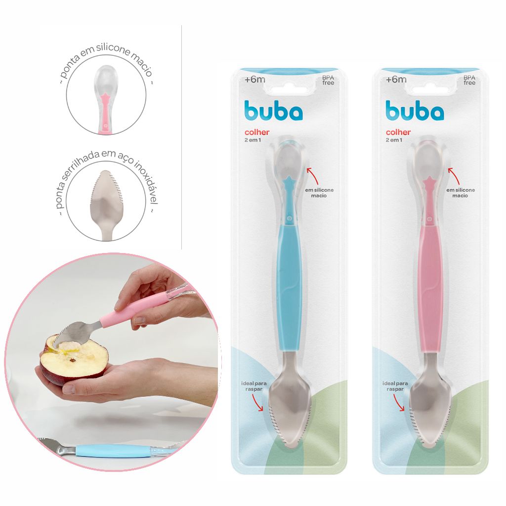 Colher 2 em 1 Raspa Frutinha E Colher de Silicone Inox Rosa Azul