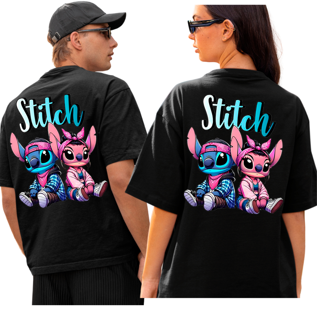 Kit 2 Camiseta Camisa Casal Unissex Estampa Frente/Costa Lilo Stitch Namorados Fofos Algodao  CS004