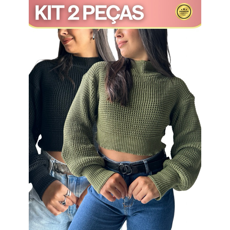 KIT 2 PEÇAS Cropped Tricot Manga Bufante Inverno Moda Feminina Blusa Tendência