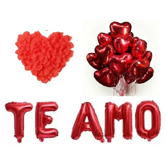 Kit 100 Pétalas + 3 Balão Coração + Te amo
