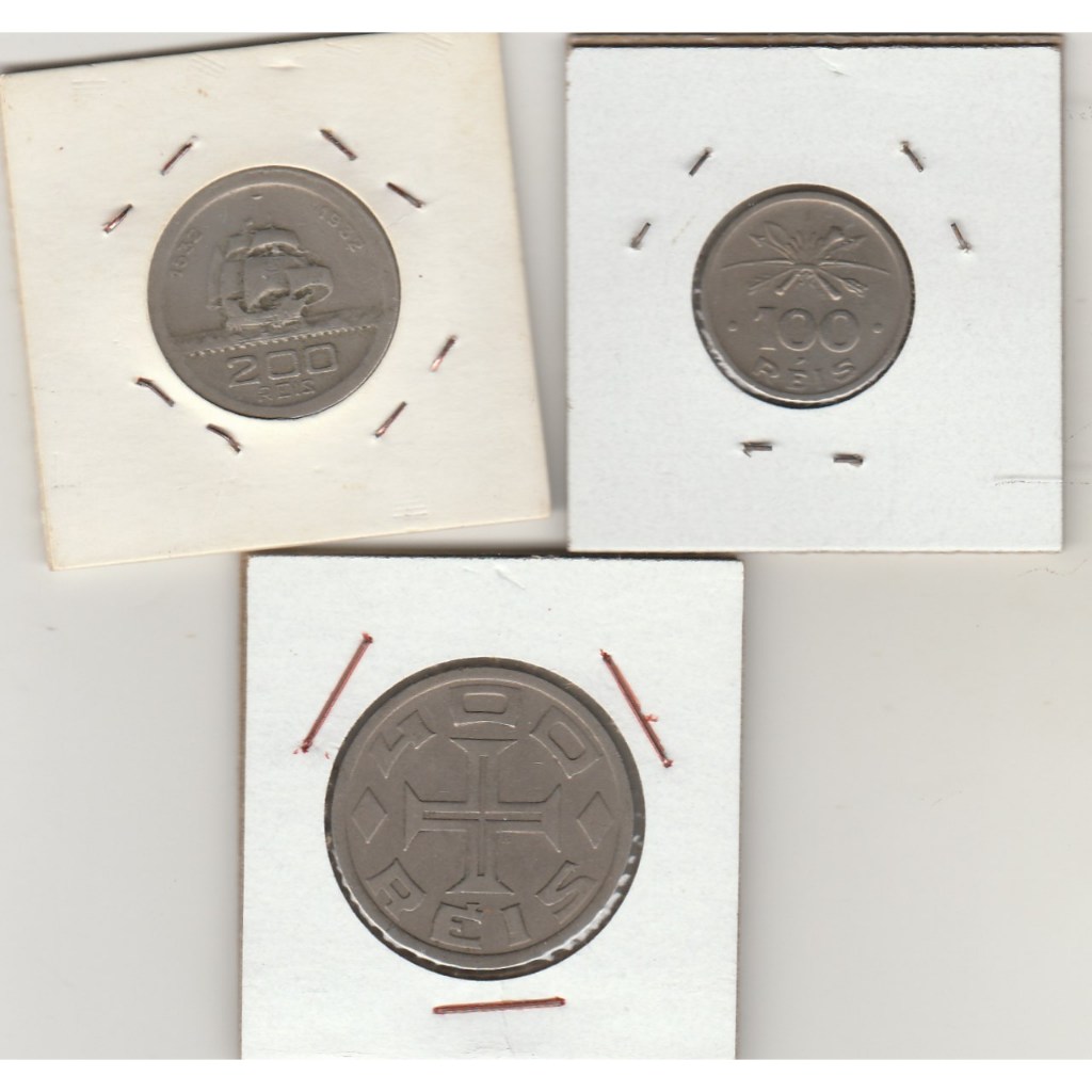 3 moedas da serie vicentina , 100,200 e 400 reis de 1932