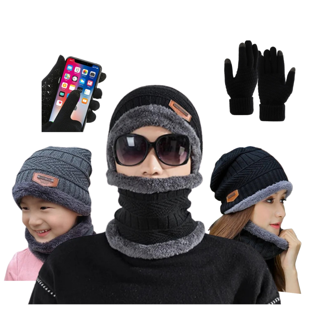 Kit Toca de Frio Touca Gorro + Luva de Frio Touch Screen + Cachecol Feminino Masculino Echarpe
