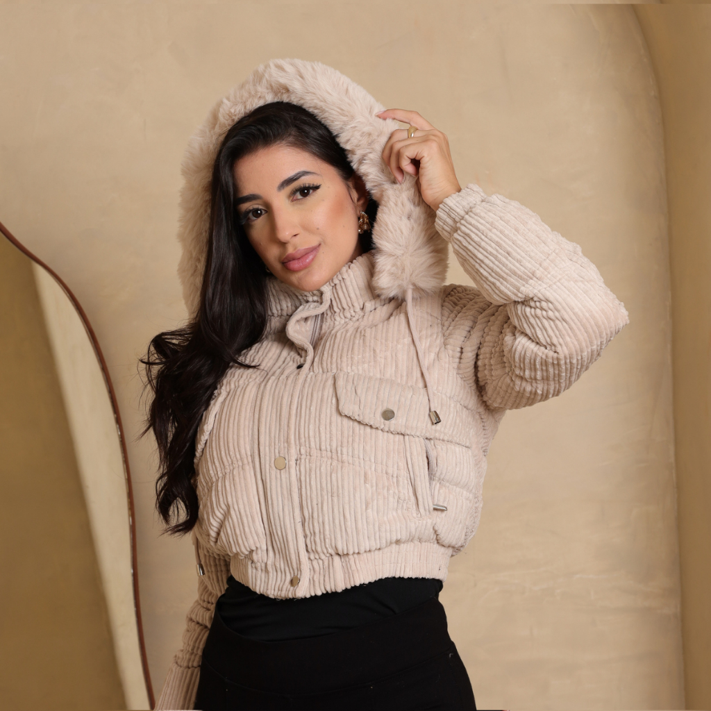 Jaqueta Puffer Cotelê Canelado Forrada Peluciada Feminina Com Capuz Removível Cropped Tendencia Coleção 2025