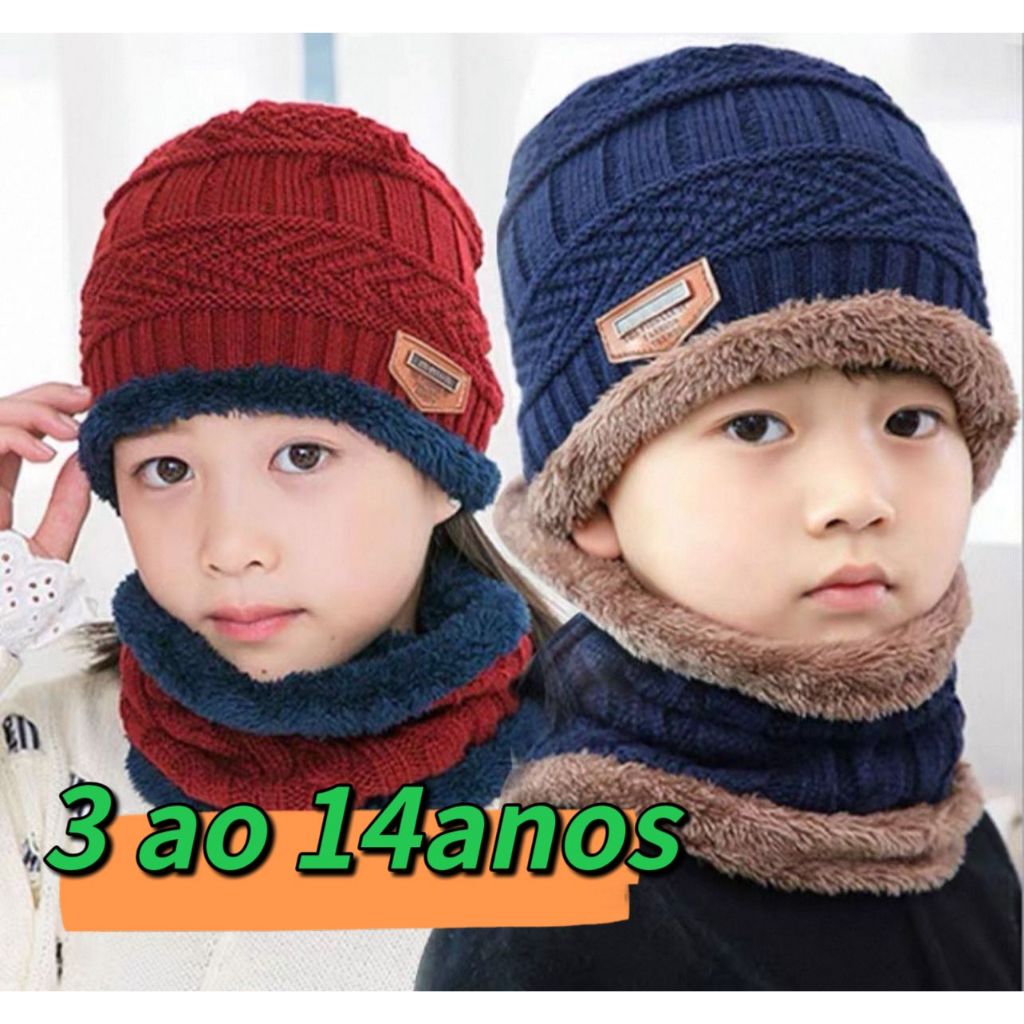 Touca Gorro Cachecol Infantil 3 ao 14 anos Forrado Tampa Orelha Quente Para Inverno E Frio