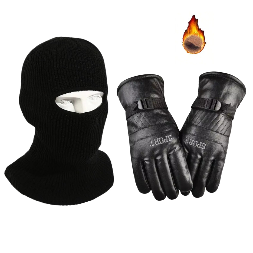 Kit Touca Ninja Balaclava + Luva De Couro Impermeável Térmica Motoqueiro Motociclista