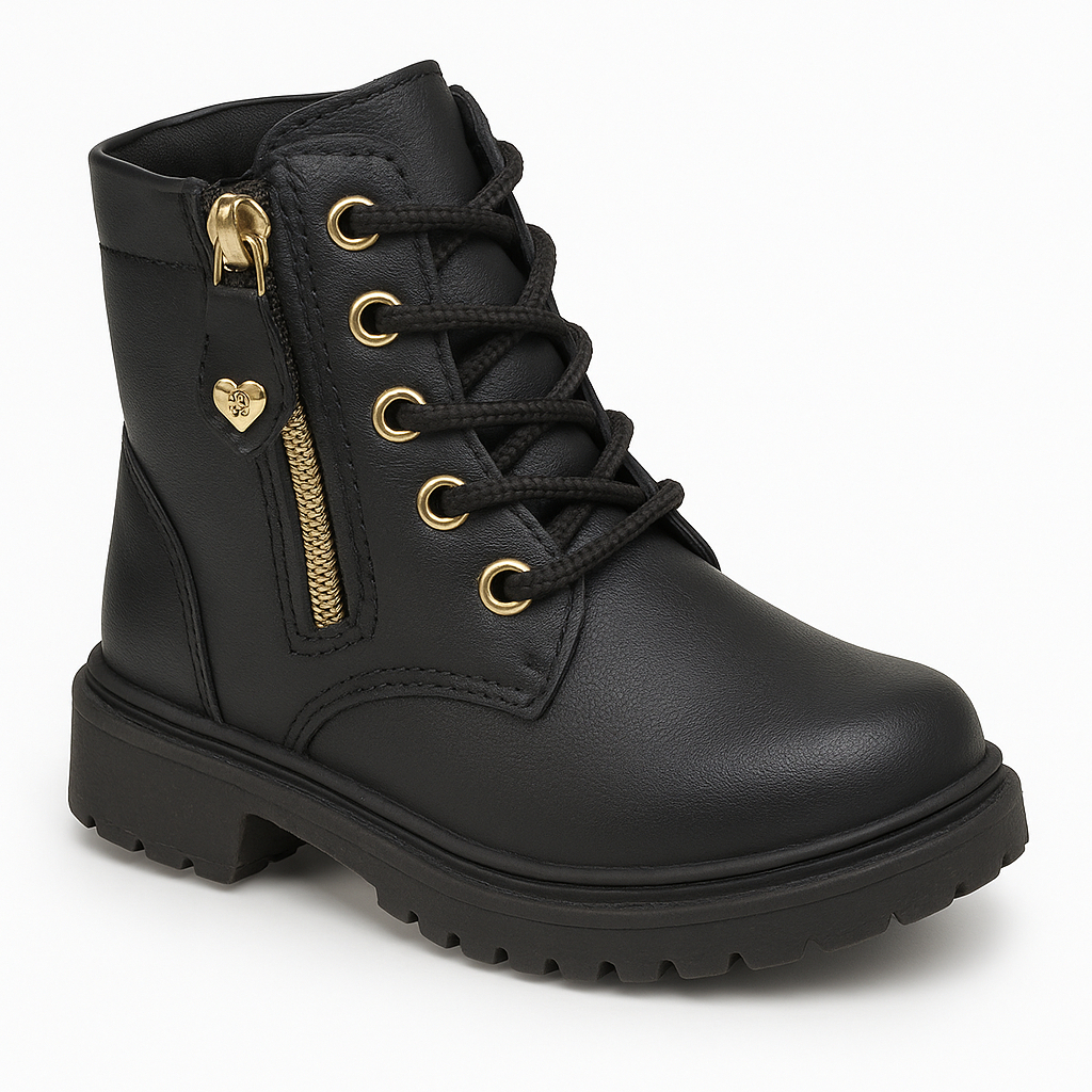Bota Coturno Infantil Menina Zíper Dourado Moda Blogueira Tratorada Confortável 20 ao 27