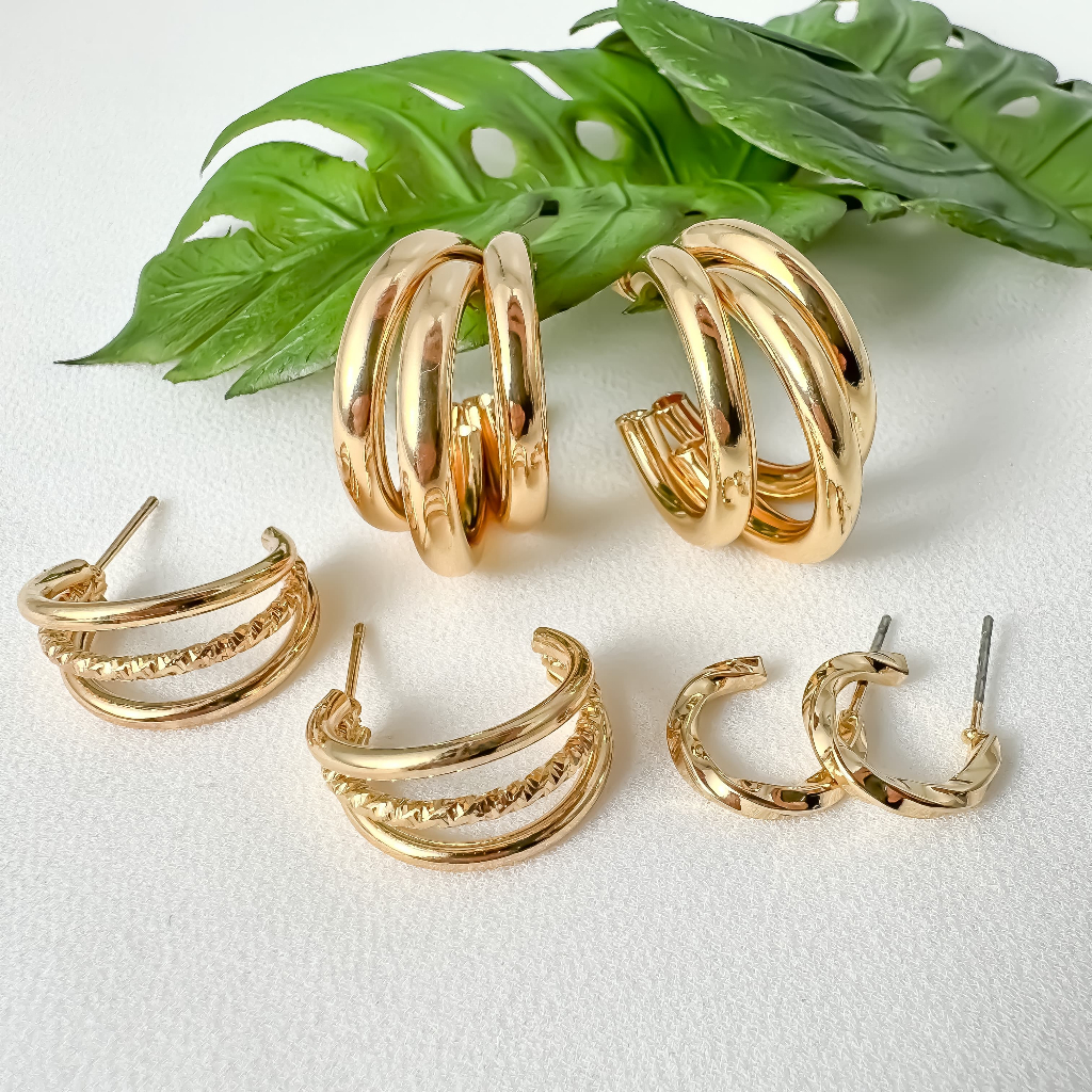 KIT 3 Pares de Brinco Banhado a Ouro 18k e Prata 925 Argola Delicado Simples