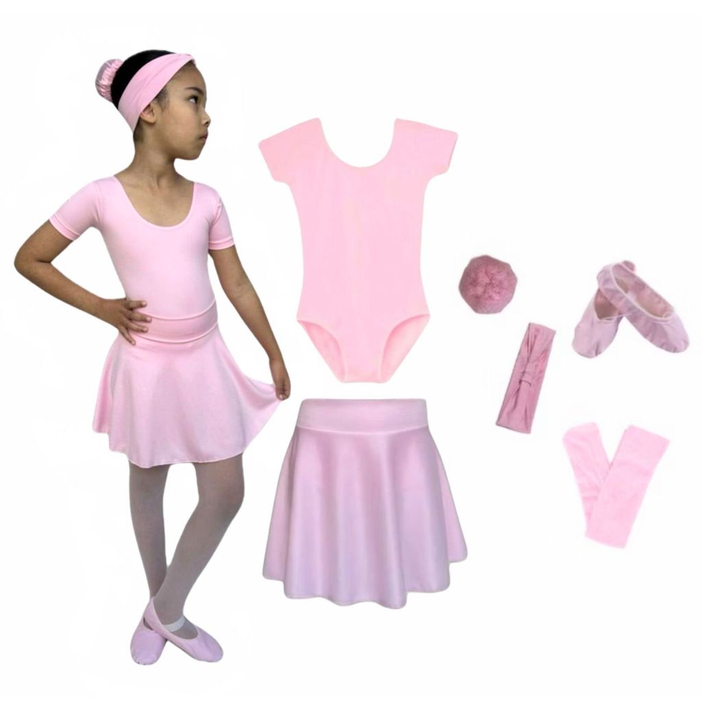 Kit Ballet Infantil 6 itens/ uniforme para dança completo (ROSA) - Saia de Cós e Collant Com Manga