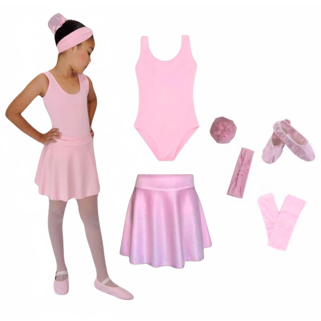 Kit Ballet Infantil 6 itens/ uniforme para dança completo (ROSA) - Saia de Cós e Collant Regata