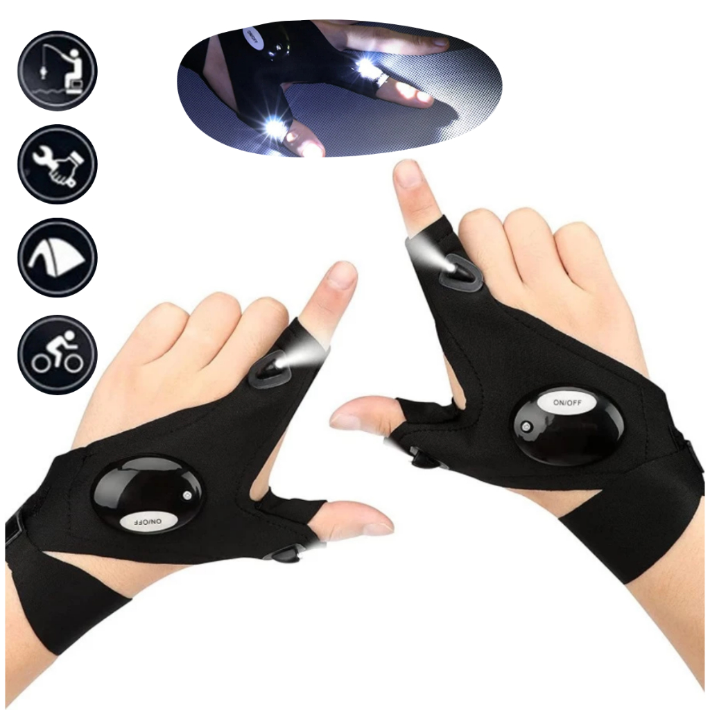 Luva com Luz LED Bateria para Pesca Noturna Reparos Mecânico Camping Iluminação Mãos Livres Bike