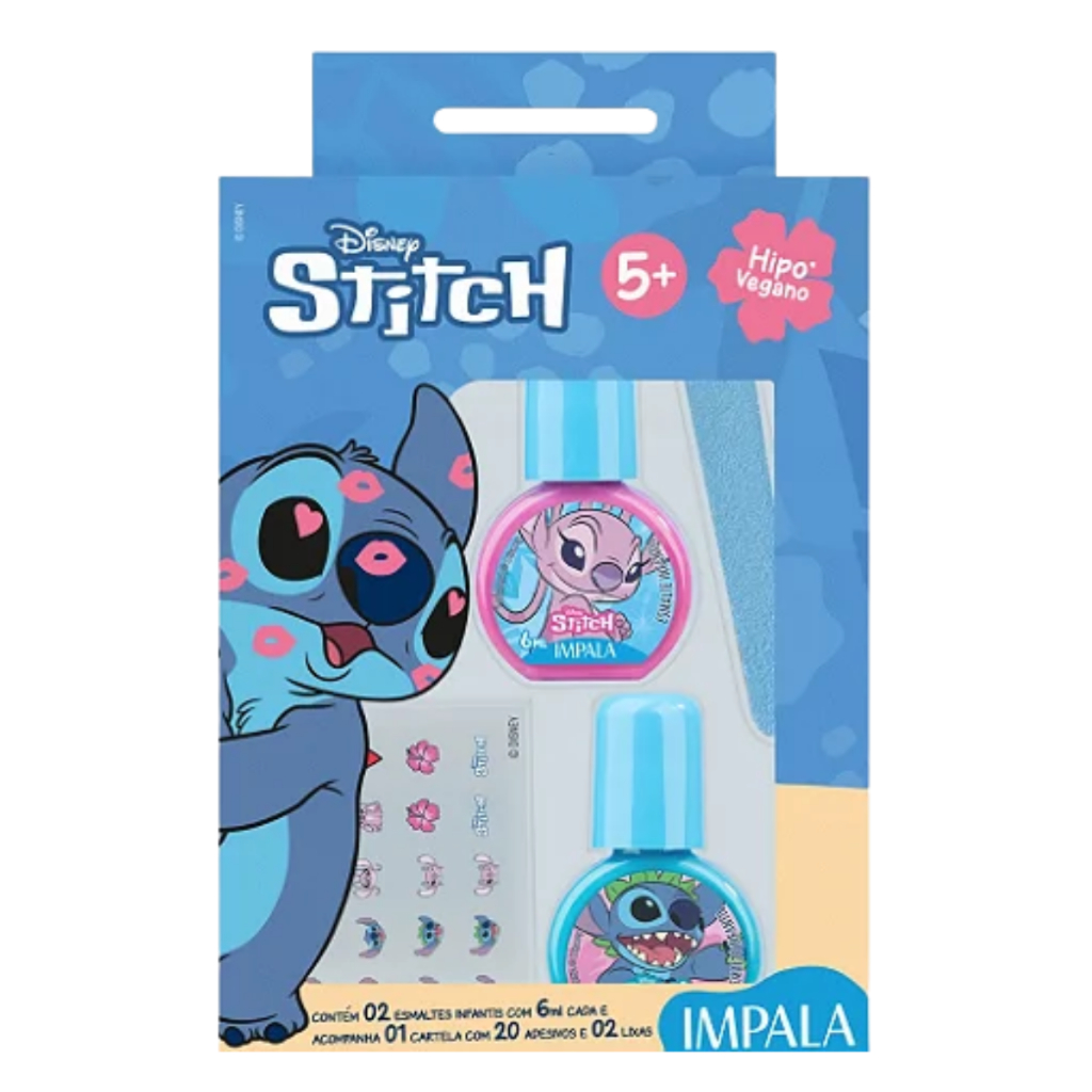 Kit De Esmaltes Infantil Impala Stitch Azul e Rosa Lixas de Unhas e Adesivos de Unhas Kids Criança