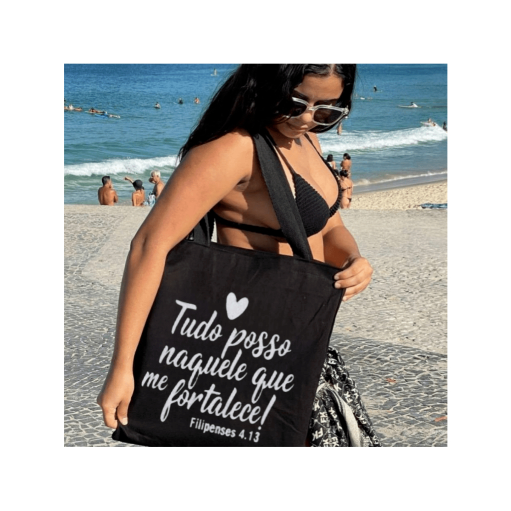 Ecobag Black 100% Algodão Grande Reutilizável Black Estampa TUDO POSSO